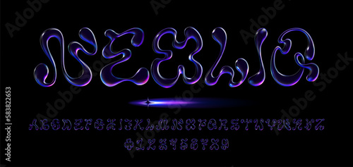 Holographic 3D liquid style font with a retro-futuristic Y2K design featuring neon glow. Vector alphabet letters and numbers for trendy graphics, ads, and digital art