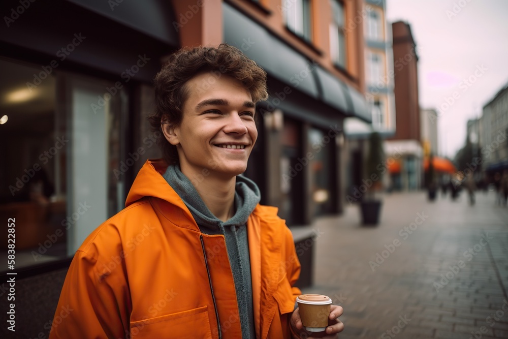 A young man smiles as he savors his coffee as he walks through the city carefree, he wears casual clothes. Ai generated. A young man smiles as he savors his coffee as he walks through the city carefree, he wears casual clothes. Ai generated.