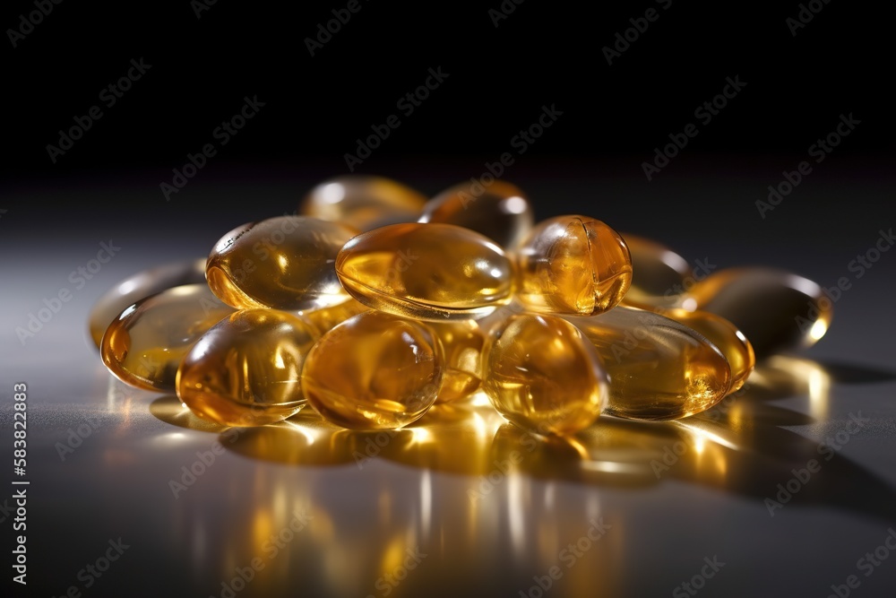 Medical fish oil capsules rich in heart healthy omega 3 fatty acids. Ai generated. Medical fish oil capsules rich in heart healthy omega 3 fatty acids. Ai generated.