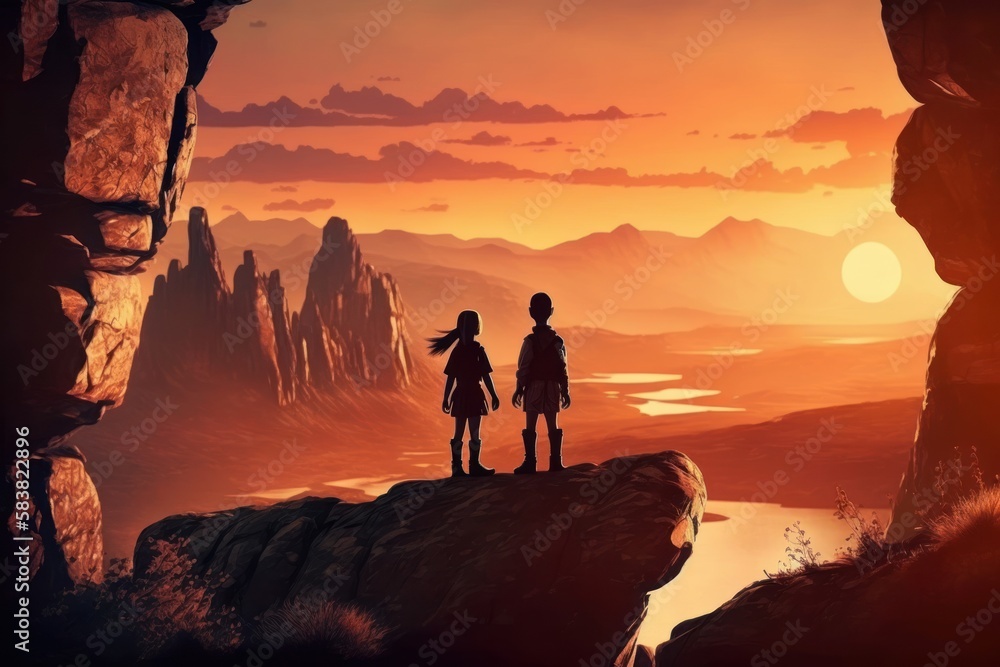 Beautiful sunset. Boy and girl are standing on the rocky cliff and looking at landscape. Generative AI