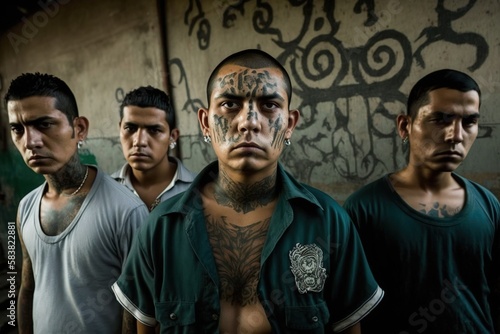 Leader and members of a street gang, the Maras, from El Salvador. Ai generated.