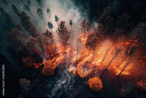 Night forest fire burns the pine trees in the forest, aerial view. Ai generated.