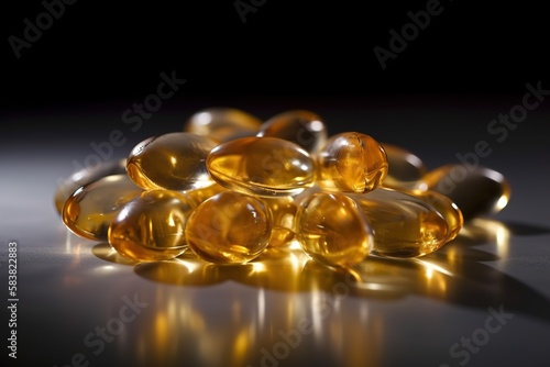Medical fish oil capsules rich in heart healthy omega 3 fatty acids. Ai generated.