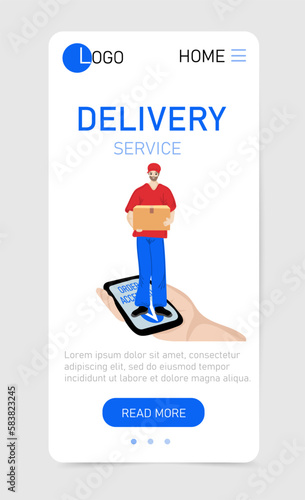 Delivery service web app vertical template. Delivery courier man holding Parcel Box with mobile phone. Fast online delivery service. Online order. Internet e-commerce. Vector illustration
