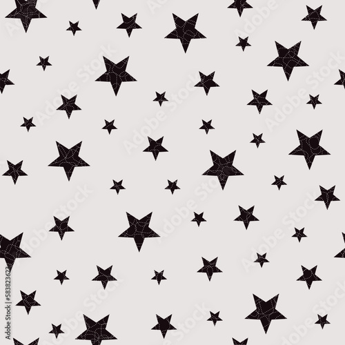 Endless monochrome vector background with different size stars. Five-pointed stars seamless pattern.