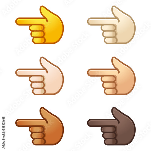 Different mood emoji. Emotional index finger pointing left emoji hand set of various skin tonescute cartoon stylized vector cartoon illustration icons. Isolated on white background.