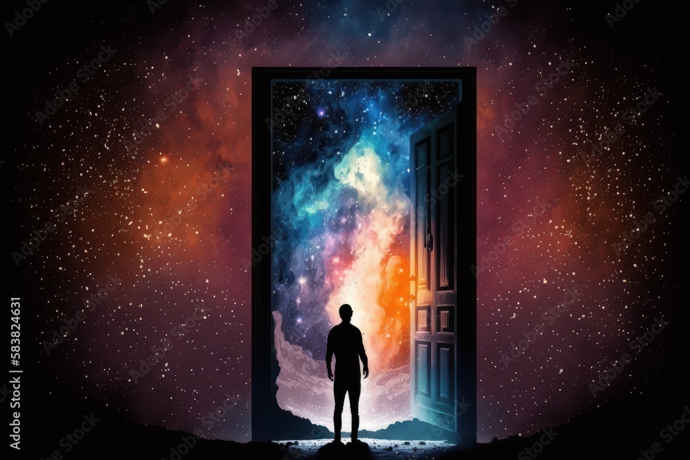 Man is near opened doors. Image of starry background with galaxies. Beautiful illustration picture. Generative AI