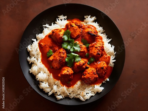 a plate of food with rice and meatballs indian curry chiken tikka mashala roti Generative AI  photo