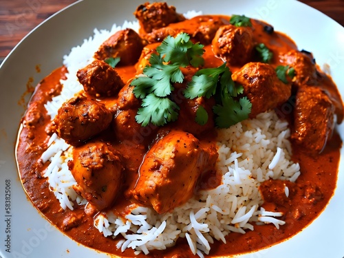 a plate of food with rice and meatballs indian curry chiken tikka mashala roti Generative AI 
 photo