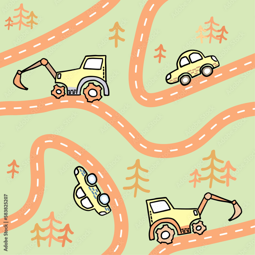 Cartoon roads and cars, city map kid seamless pattern. Wallpaper with
