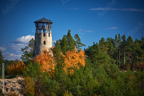 View of the stone lookout tower in the quarry located in Józefów in Roztocze