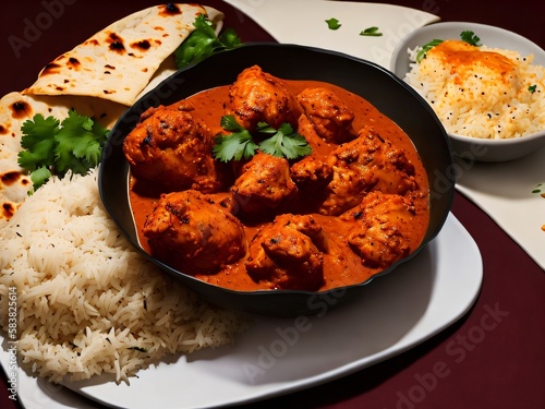 a plate of food with rice and meatballs indian curry chiken tikka mashala roti Generative AI  photo