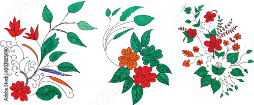 Beautiful Bundle Flower coloring rose with Green leaves design eucalyptus branches doodle bouquet Vector flower background , Vector hand drawn wedding invitation bouquet decoration set
