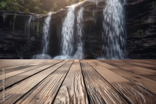 Background. Wooden surface, in the background is a waterfall. AI generative.