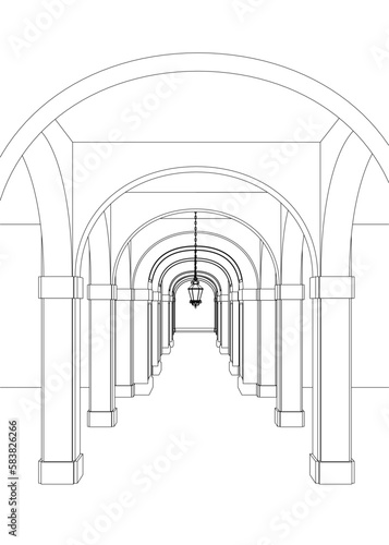 Outline of an ancient corridor with columns made of black lines isolated on a white background. Vector illustration.