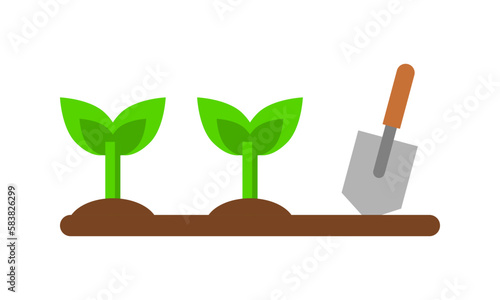 Green plant seedling in soil ground with trowel garden agriculture icon flat vector design © Jedsada Naeprai