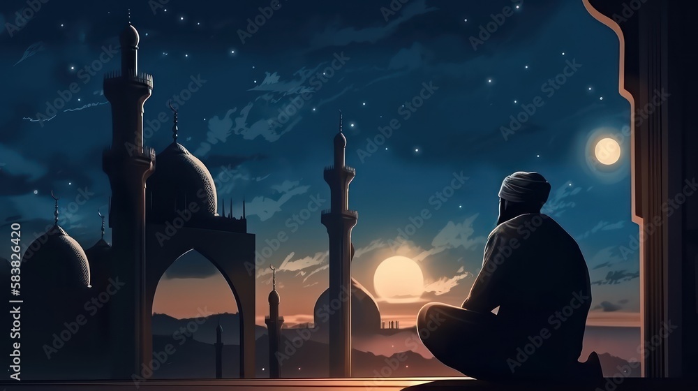 muslim old man praying on a mosque with starry and crescent moon moon ...