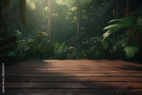 Background. Wooden surface  jungle background. AI generative.