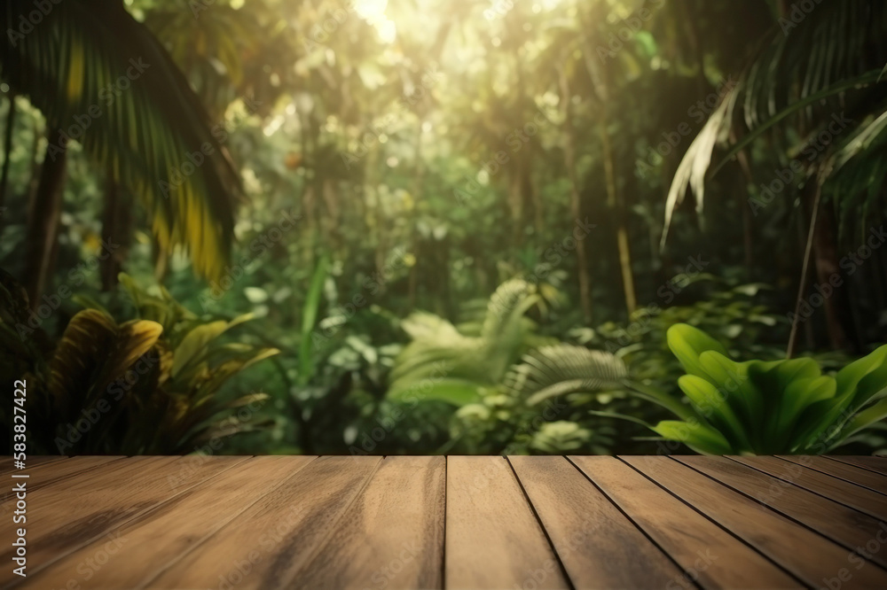 Background for advertising. Wooden surface on the background of the jungle. AI generative. Background for advertising. Wooden surface on the background of the jungle. AI generative.