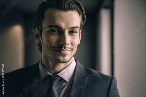 Smiling confident latin american young businessman portrait. Generative AI illustration.