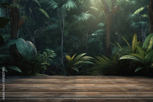 Background. Wooden surface on the background of the jungle. AI generative.