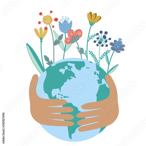 Hands hold blooming green earth. Earth Day. Save the planet The concept of environmental protection and conservation.