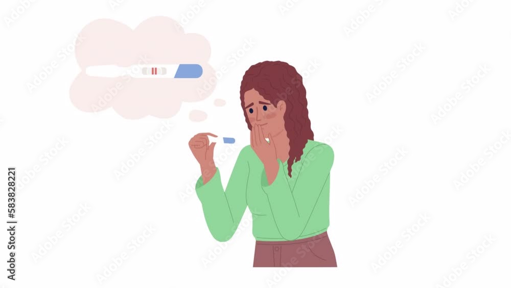 Animated pleasant pregnancy surprise. Amazed woman with test. Emotional lady. Flat character animation on white background with alpha channel transparency. Color cartoon style 4K video footage Animated pleasant pregnancy surprise. Amazed woman with test. Emotional lady. Flat character animation on white background with alpha channel transparency. Color cartoon style 4K video footage