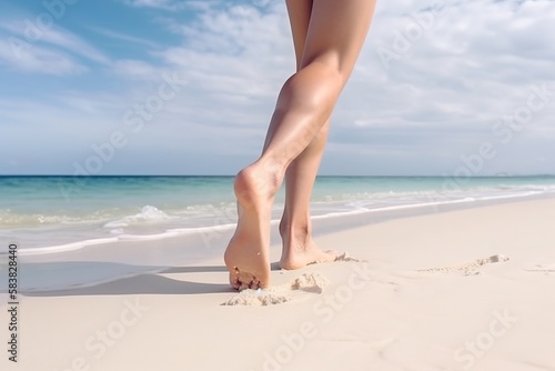 walking or running close up legs on the beach, generative ai