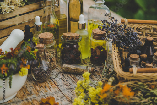 Medicinal herbs and natural tinctures. Selective focus.