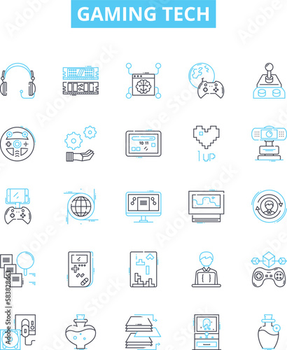 Gaming tech vector line icons set. Gaming, Tech, Console, Controller, VR, Racing, Simulator illustration outline concept symbols and signs