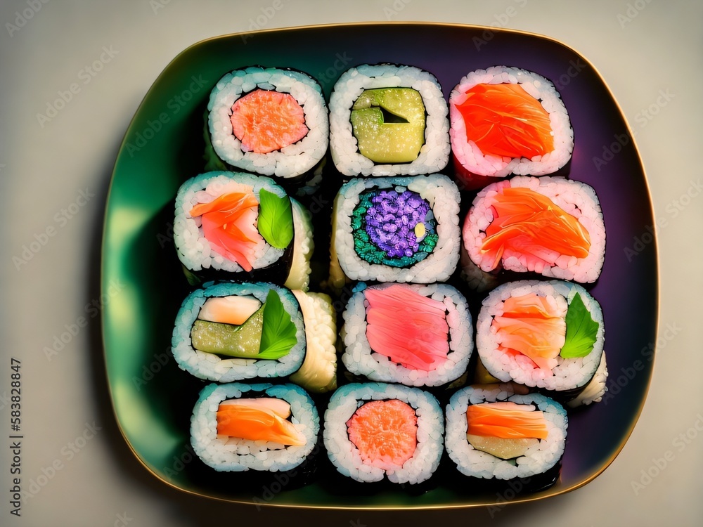 a plate of assorted sushi on a table vivid colors vibrant colors Generative AI 
