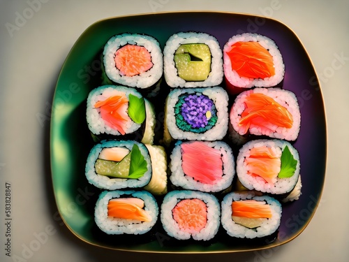a plate of assorted sushi on a table vivid colors vibrant colors Generative AI 