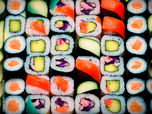 a plate of assorted sushi on a table vivid colors vibrant colors Generative AI 