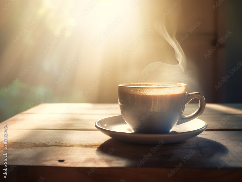 Obraz premium morning coffee moment, hot steaming cup on rustic wooden table in soft sunlight, generative AI 