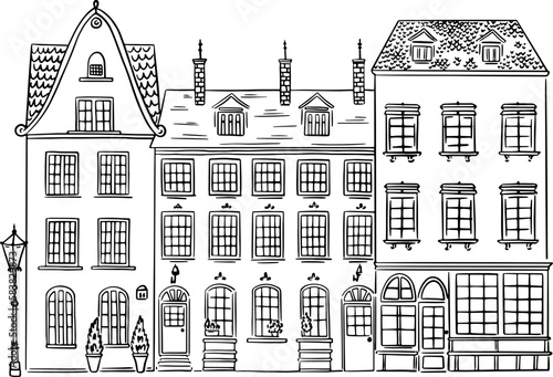 An old building drawn. Linear illustration.