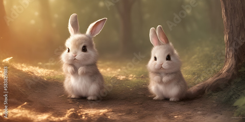 Beautiful rabbits, in a fairy-tale forest