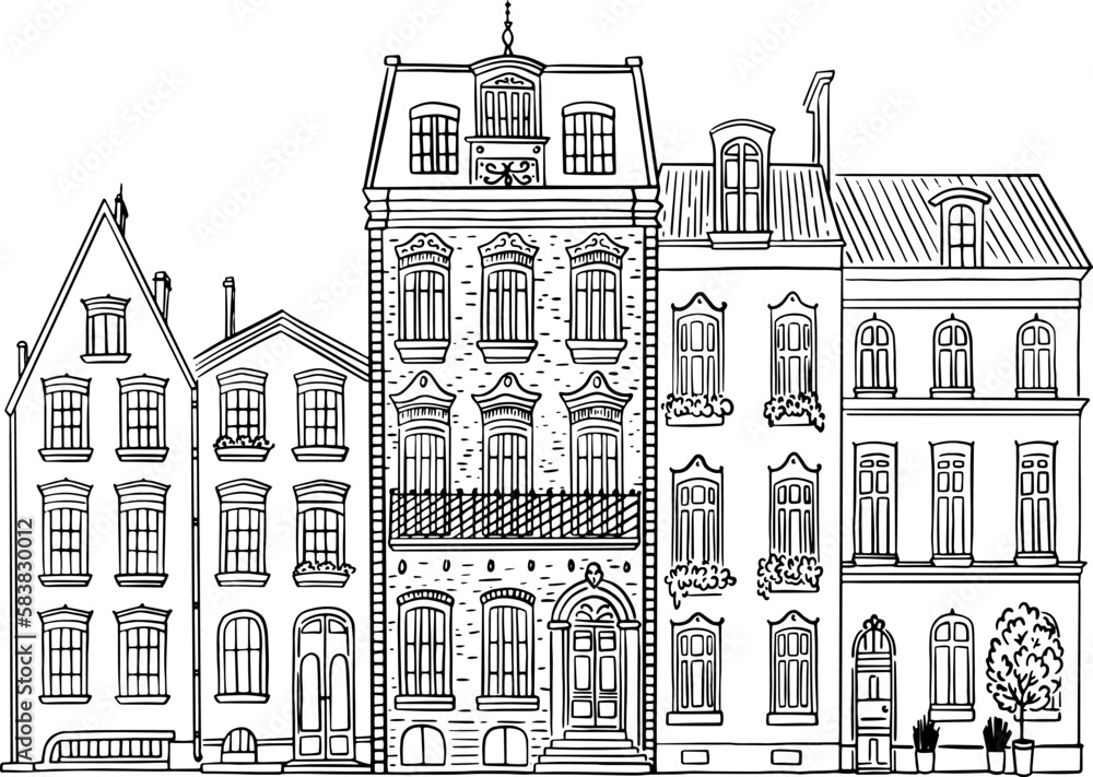 An old building drawn. Linear illustration.