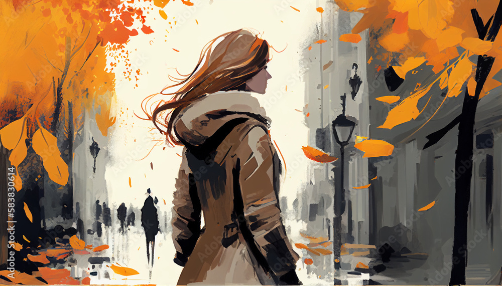 Ephemeral memory of autumn - Girl walking street in the morning watercolor/anime style illustration with Generative AI Technology Ephemeral memory of autumn - Girl walking street in the morning watercolor/anime style illustration with Generative AI Technology