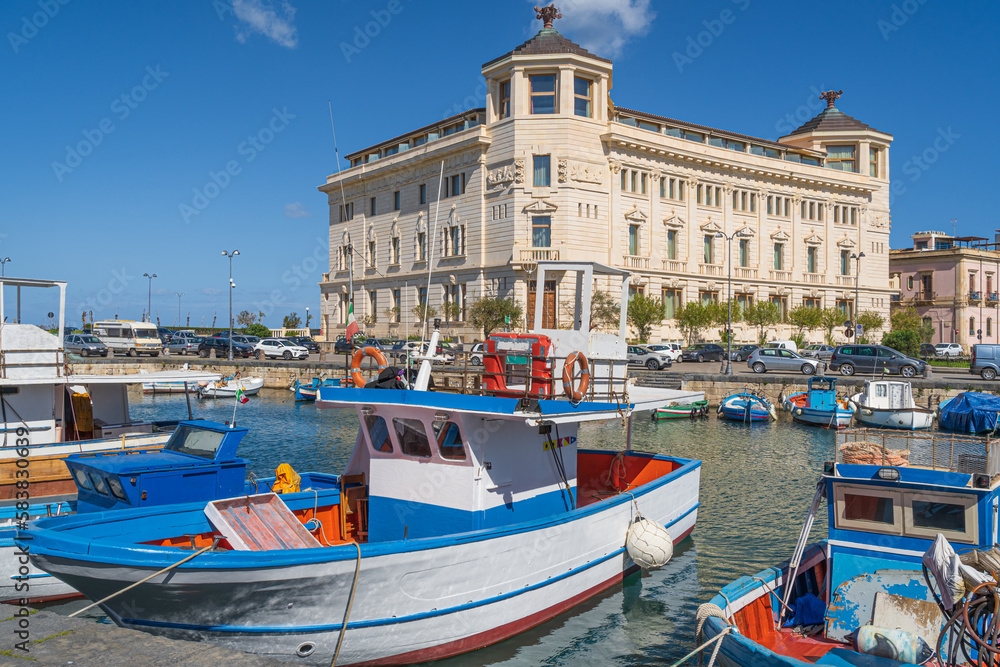 boats in the harbor on Ortigia Island Syracuse Sicily