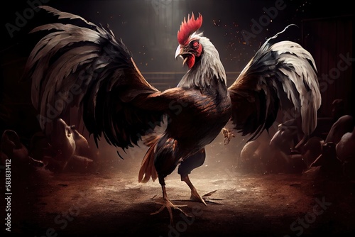 fighting rooster with large crest in arena before cockfights, created with generative ai photo