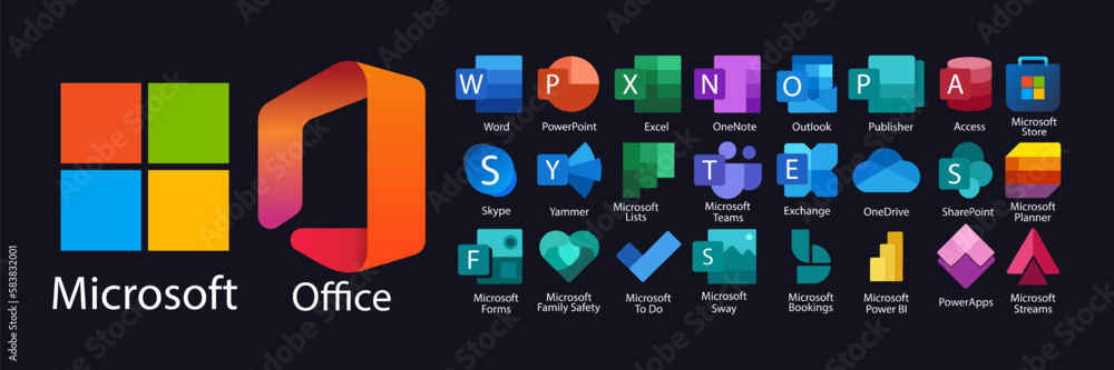 Microsoft Office 365 logo. Word, PowerPoint, Excel, Scype, Access, Microsoft  Store, Outlook, OneNote, Publisher, Team, SharePoint, Yammer, Planner,  Forms, PowerApps. Editorial Stock Vector