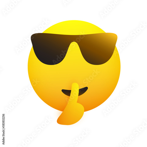 Keep Quiet! - Shushing Emoji with Sunglasses Gesturing - Asking for Be Quiet,Showing Make Silence Sign - Simple Emoticon for Instant Messaging Isolated on White Background - Vector Design Illustration