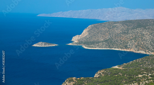 Panoramic view of the turquoise Aegean Sea with rocky coastline. In the northwestern part of the Greek island of Rhodes. Greece Europe.