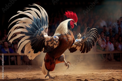 beautiful fighting rooster attracts audience in cockfights, created with generative ai photo