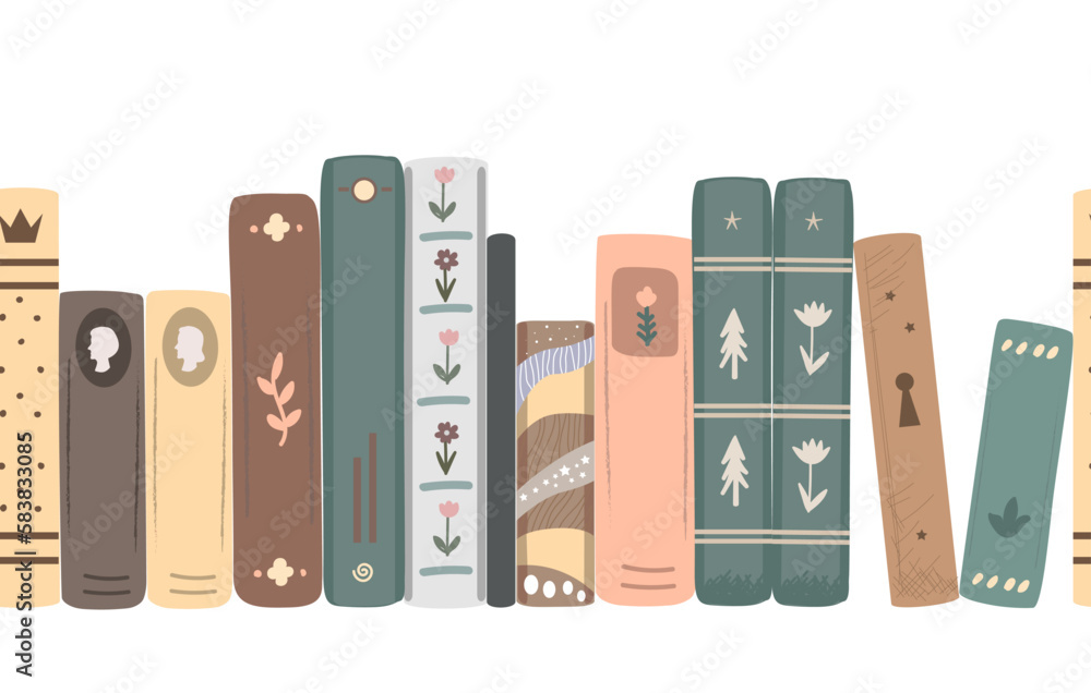 Seamless border of vintage novel and fairy tales books. Standing books