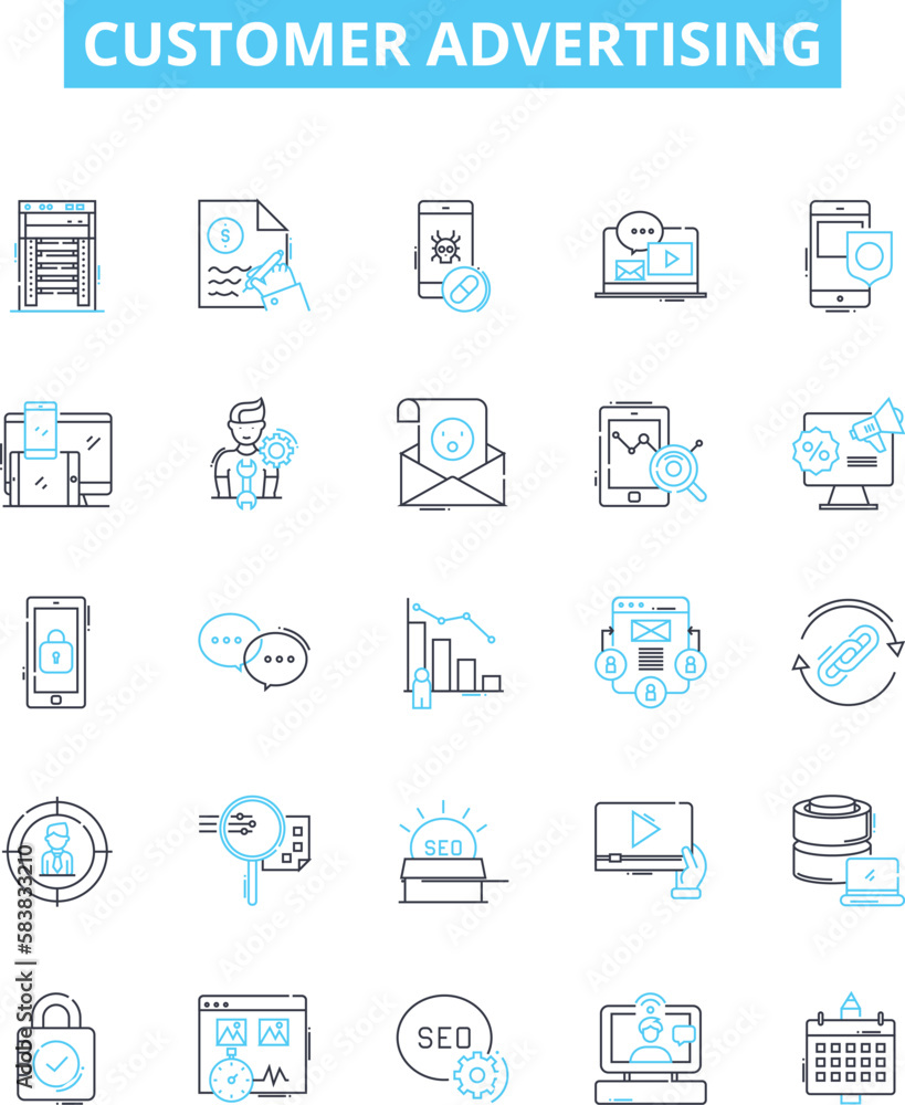 Customer advertising vector line icons set. Advertise, Customer, Promote, Target, Reach, Increase, Engage illustration outline concept symbols and signs Customer advertising vector line icons set. Advertise, Customer, Promote, Target, Reach, Increase, Engage illustration outline concept symbols and signs
