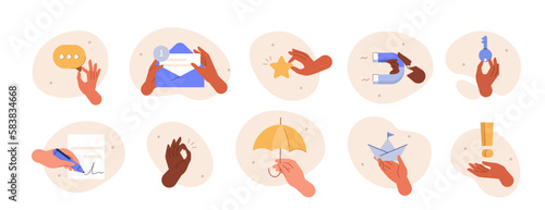 Hand gestures illustration set. Characters hands signing document, giving feedback, holding magnet, key, umbrella and other corporate stuff. Business processes metaphor concept. Vector illustration.
