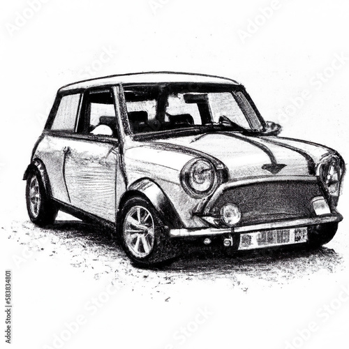 Hand drawn like Mini cooper classic car generated with ai on a white background. photo