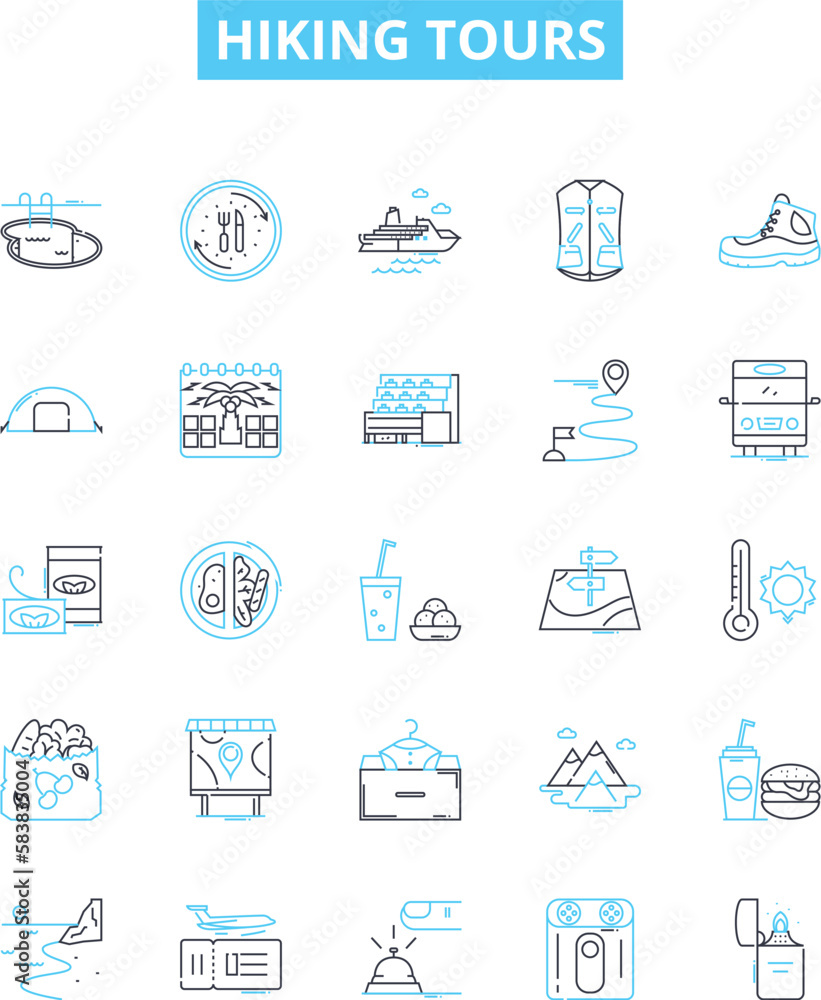 Hiking tours vector line icons set. Hiking, Tours, Trails, Trekking, Backpacking, Adventures, Outdoors illustration outline concept symbols and signs Hiking tours vector line icons set. Hiking, Tours, Trails, Trekking, Backpacking, Adventures, Outdoors illustration outline concept symbols and signs
