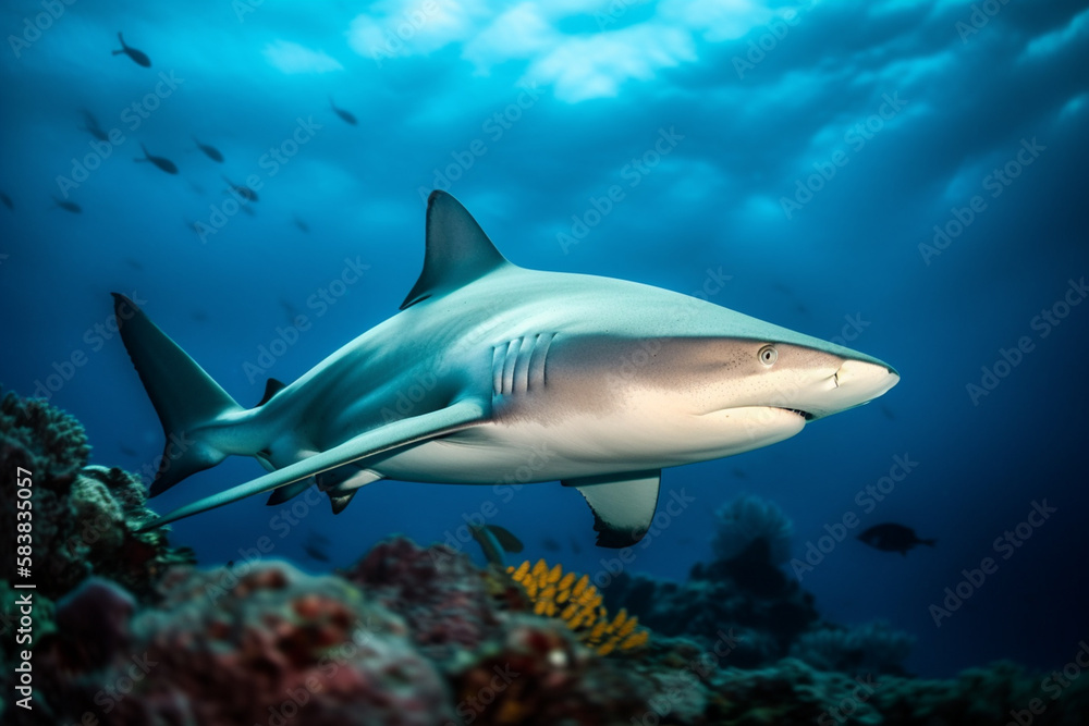 Fototapeta premium Bull shark on a coral reef, beautifully lit, ai generative